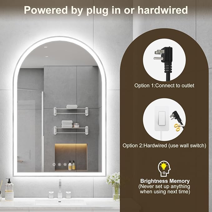 Arched LED Mirror for Bathtoom 24"x36", Brushed Nickel LED Bathroom Mirror with Lights-Fogless, Dimmable, Shatterproof, Touch Sensor, 3 Color Changing