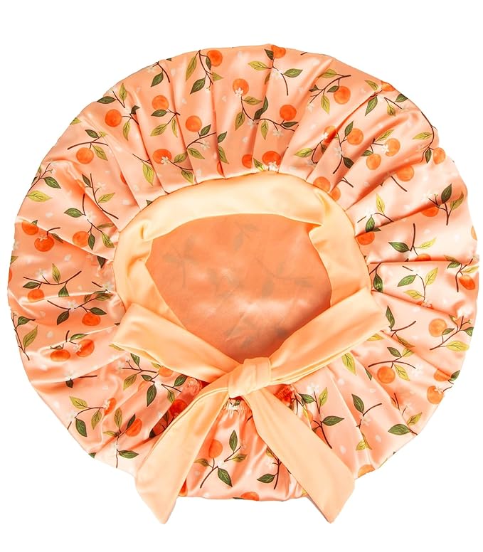 Floral Satin Bonnet For Sleeping Women Double Layer Pleated Design Adjustable Shower Cap For Curly Hair Orange