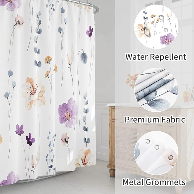 Gibelle Small Stall Shower Curtain 36 x 72, Narrow Half Watercolor Floral Fabric Shower Curtain, Purple Beige Flower Decorative Bathroom Shower Curtain Set with Hooks