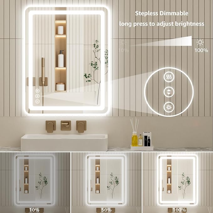 55" x 30" Led Bathroom Mirror with Lights, Anti-Fog & Tri-Color Lighting - Wall Mounted Shaving Mirror with Touch Sensor, Waterproof & Smart LED Vanity Mirror,Tempered Glass, Dimmable Smart Mirror