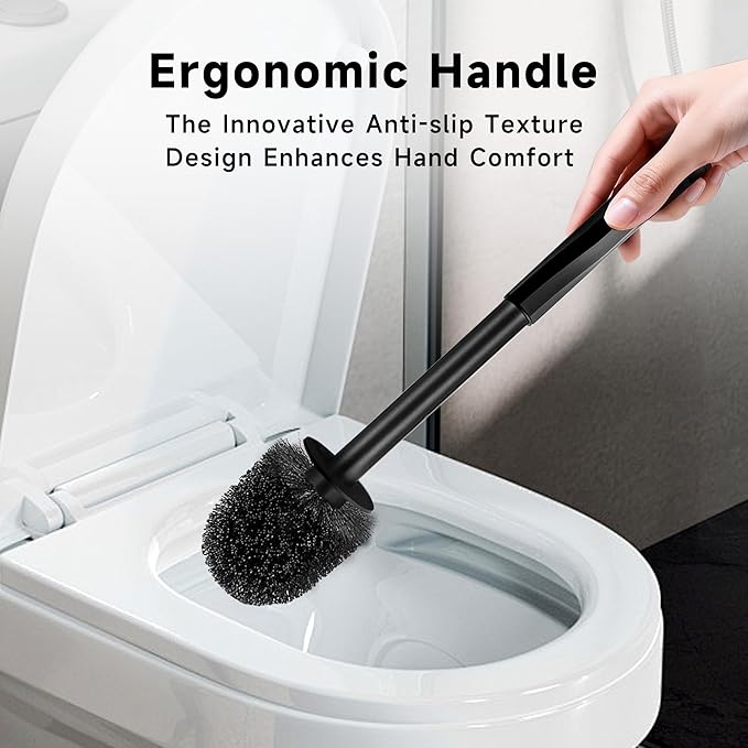 Toilet Brush and Holder Set, 2 Pack Toilet Bowl Brush with Long Non-Slip Handle, Deep Toilet Cleaner Brush, Toilet Scrubber, Black