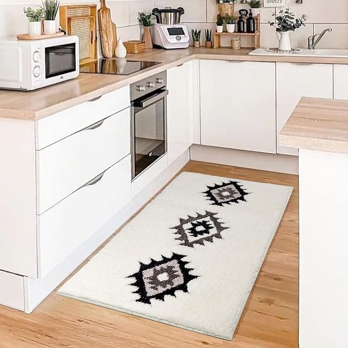 DEXDE Bathroom Rugs Black 24x36 Boho White Bath Mat, Non Slip Western Geometric Bath Rug Luxury Soft Modern Absorbent Carpet for Bathroom Shower Kitchen Entryway Farmhouse