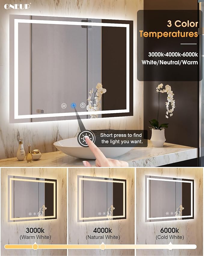 oneup 48''x40'' Bathroom Mirror with Lights,Front Lighted Bathroom Mirrors for Wall,Anti-Fog Smart Vanity Mirror,Touch Button and Memory Function,Dimmable 3-Color Lights