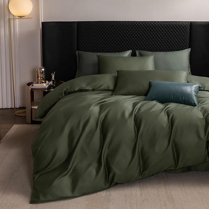 MooMee Duvet Cover Set 100% Extra Long Staple Cotton 600 Thread Count Silky Sateen Smooth Luxury Soft Breathable Durable Hotel Quality Bedding, 3 Pieces (Olive Green, Queen 90"x90")