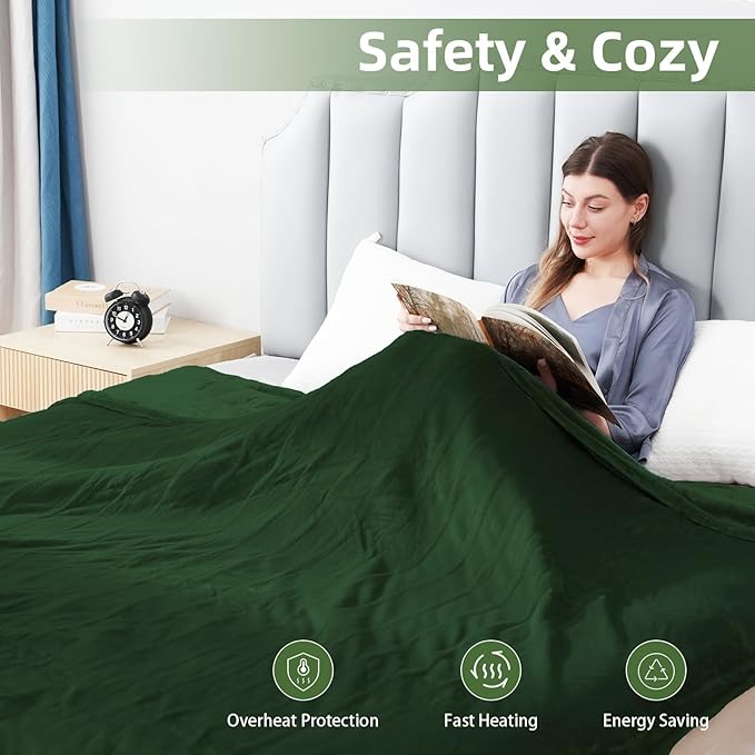 Electric Heated Blanket Twin Size 62”x84”,Soft Warmth Cozy with 5 Heating Settings 10 Hours Auto-Off, One Touch Operation, Machine Washable, Green
