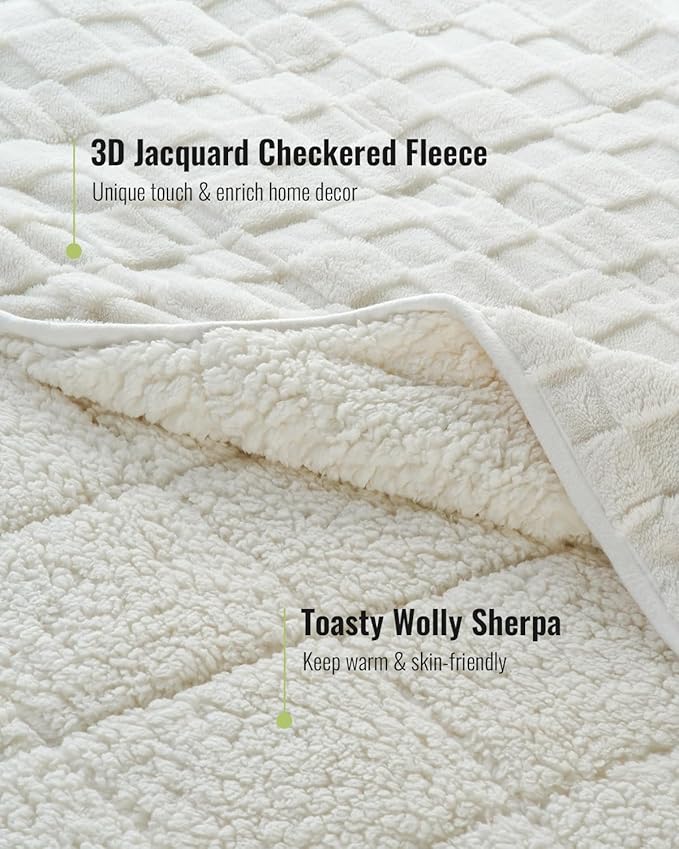 Uttermara Sherpa Fleece Weighted Blanket Queen Size(20lbs, 60" x 80", Cream White), 3D Jacquard Checkered Warm Sherpa Heavy Blanket for Adults, Soft Fuzzy Weighted Blankets for Couch Bed Sofa