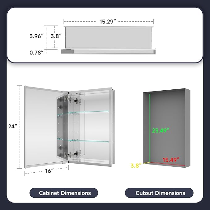 Medicine Cabinet 16" x 24", Bathroom Medicine Cabinet with Mirror, Recessed Medicine Cabinets with Adjustable Shelves, Soft-Closing Door, and Aluminum Alloy Frame - Reverse Installation, Silver