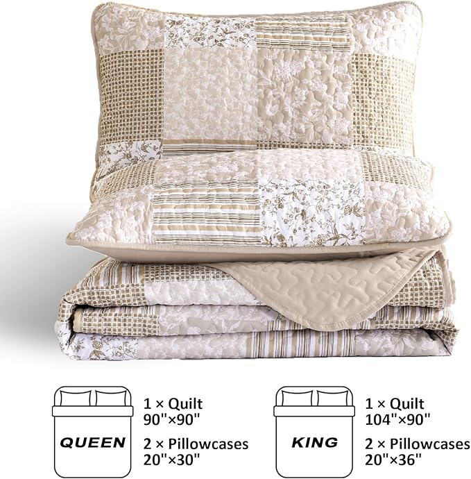 Mybedsoul Beige Boho Quilt Set King Size, 3 Pieces Plaid Floral Bedspread Set Patchwork Reversible Bedding Set Microfiber Bedding Bedspread Coverlet Set for All Season 90"x104"
