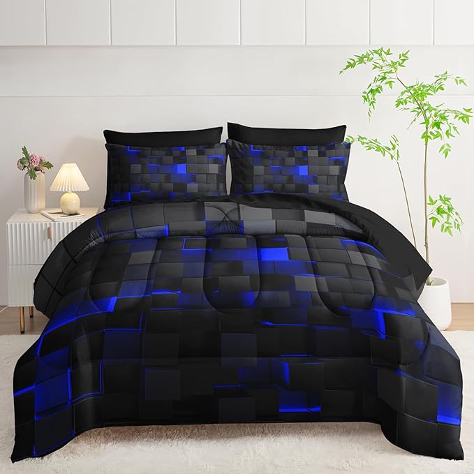 Queen Size Comforter Set 7 Piece - Black and Blue Modern Bedding, 3D Cube Design, Soft Microfiber, Gamer Bed Set, All Season