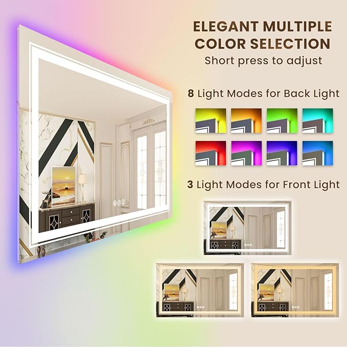 WTTY LED Bathroom Mirror 40"x36" with RGB Backlit and Front Light,Stepless Dimmable LED Mirror for Bathroom,Lighted Bathroom Vanity Mirror,Anti-Fog,Memory Function,Shatter-Proof,Wall Mounted