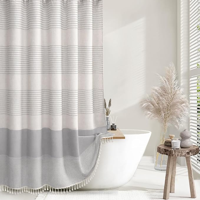 Awellife Farmhouse Grey Shower Curtain for Bathroom Linen Texture Stripe Tassel Shower Curtain 48 X 72 Inches Neutral