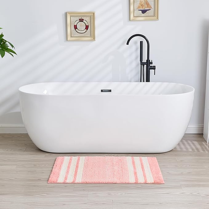 CozeCube Bath mats for Bathroom Non Slip, Fluffy Absorbent Microfiber Bath mat Washable, Aesthetic Bathroom Rugs, Small Blossom Pink Striped Bath mat, Blossom Pink, 24" x 16"