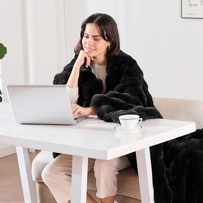 Fluffy Cozy Fuzzy Plush Bubble Blanket - Luxury Faux Rabbit Fur Throw Blanket Thick Warm Decorative for Bed, Sofa (King Size 108''x90'', Black)
