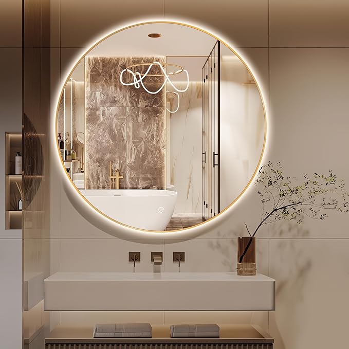 Niccy 44" LED Backlit Round Mirror for Bathroom, Gold Framed Vanity Light Wall Mirror LED Smart Circle Mirrors with 3 Lighting Colors, Dimmable Lighted Mirror with Anti-Fog, IP65 Waterproof