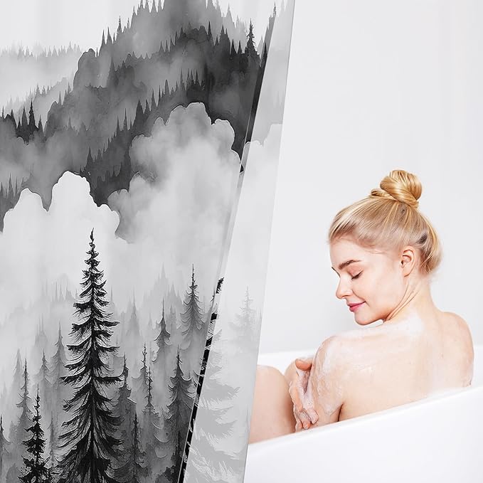 Black Extra Long Misty Pine Forest Shower Curtain 72 x 84, XL Mountain Foggy Woodland Scenery Tree Shower Curtains for Bathroom, Abstract Waterproof Nature-Themed Decor