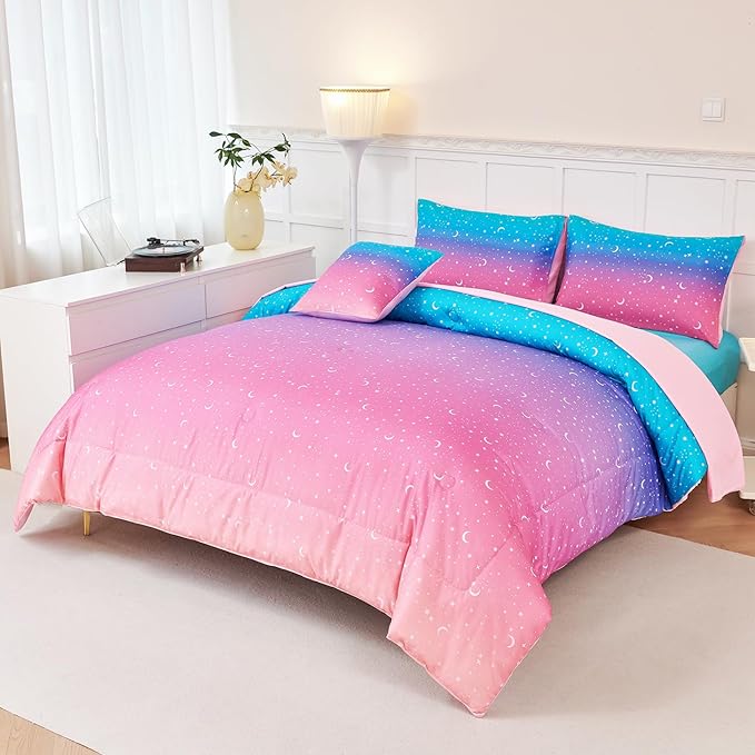 URBONUR Kids Queen Comforter Set Pink Rainbow Galaxy Moon Star Printed Bedding Set 6 Pieces Soft All Season Girls Bed in a Bag Queen Size