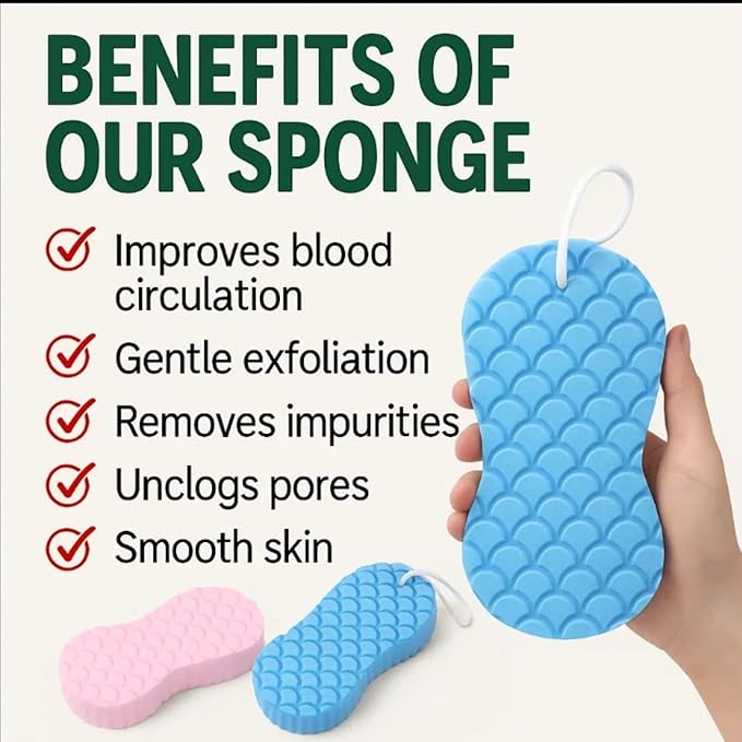 Skin Scrubber Exfoliator - 3D Super Soft Body Scrub Sponge for Dead Skin Removal, Reusable Skin-Friendly Exfoliator Also a Gentle Bath Sponge for Baby, for Adults, Kids & Pregnant Women (2Blue+2pink)