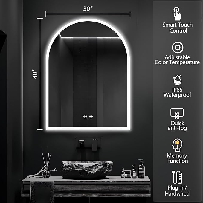 Niccy Arched LED Bathroom Mirror, 40"x30" Arch Frameless Frontlit & Backlit Mirrors for Wall, Arched Lighted Vanity Mirrors with Memory Function for Bathroom Bedroom, Defogger 3 Color, Explosion-Proof