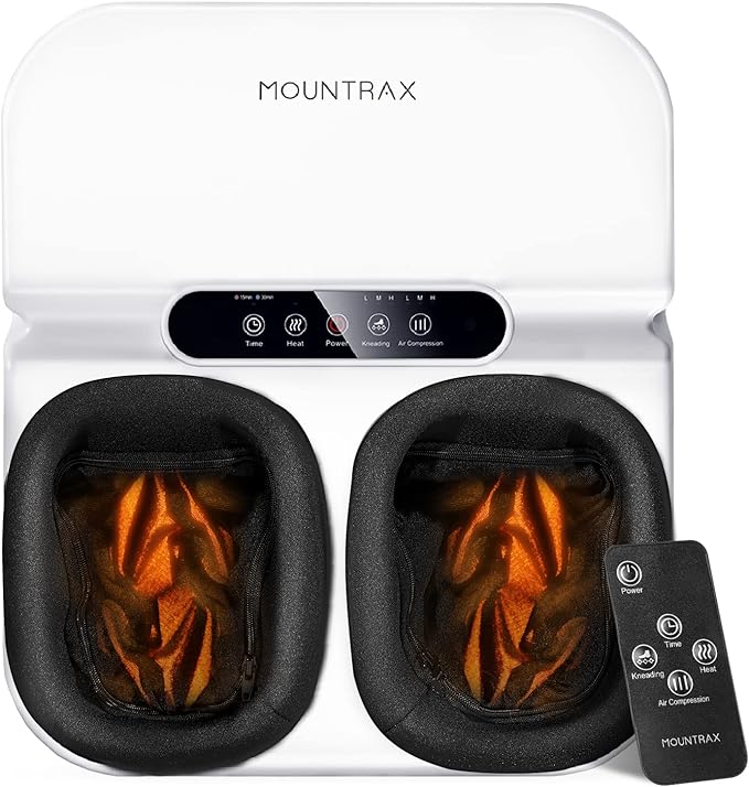 MOUNTRAX Foot Massager Machine with Heat, Foot Massager for Plantar Fasciitis, Neuropathy Pain, Shiatsu Foot Massager with Remote, Fits Feet Up to Men Size 12 (White)