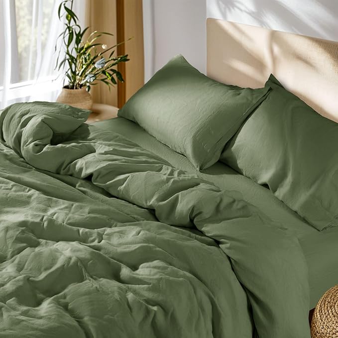 SONORO KATE 100% French Linen Duvet Cover King Size, Soft Breathable for Hot Sleepers, Moisture Wicking & Durable Cover Set - Zipper Closure & 4 Corner Ties Duvet Covers 3 Piece (Olive Green,King)