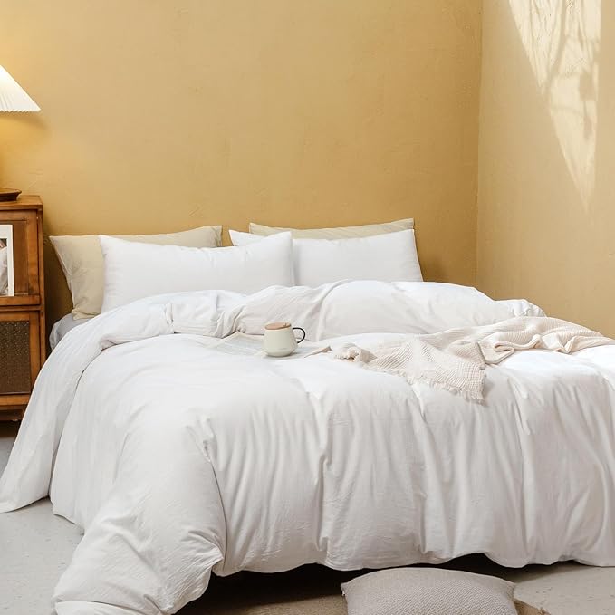 FOSSA Duvet Cover Set 100% Washed Cotton Linen Feel Super Soft Breathable Cozy 3 Pieces Bedding Sets Solid Off White Super King