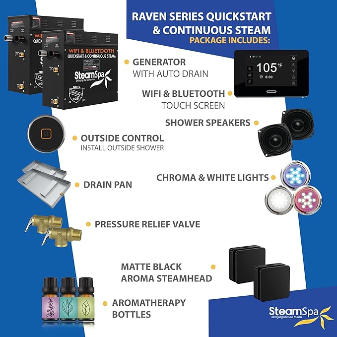 SteamSpa Steam System 15kW Steam Shower Generator with Bluetooth Wifi, Quickstart Continous Steam, Advanced Touch Pad Screen, Chroma Lights, Drain Pan and Auto Drain Black RVBS1500BK-A