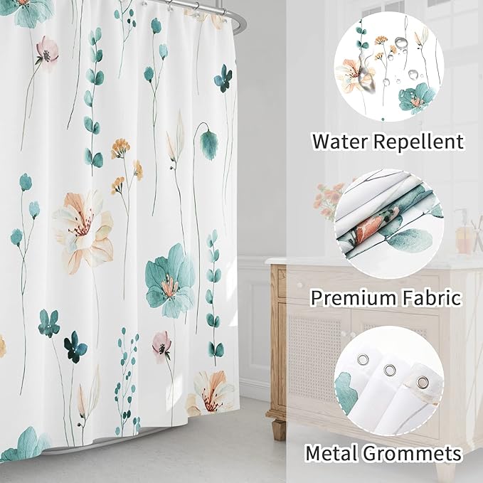 Gibelle Long Shower Curtain 72 x 78, Watercolor Floral Fabric Shower Curtain, Teal Beige Flower Decorative Bathroom Shower Curtain Set with Hooks