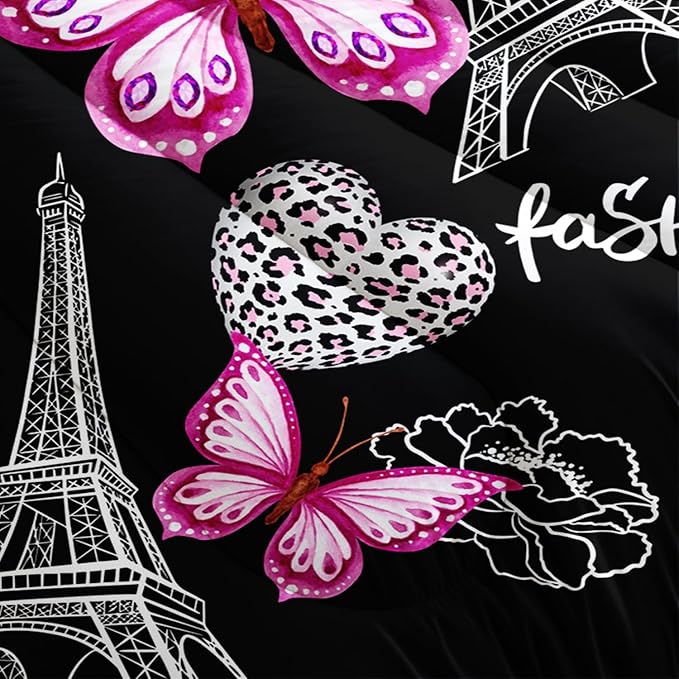 Pink Butterfly Comforter Twin Bedding Sets for Girls, Eiffel Tower Leopard Heart Pattern Bedding Sets with 2 Pillowcases,Aesthetic Bedding for Women Girls Bedroom Paris Decor.