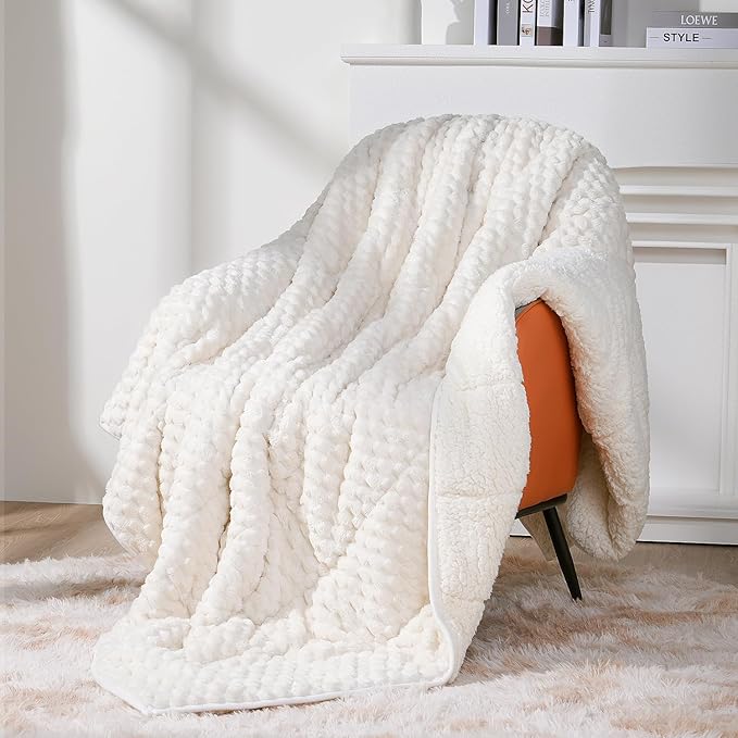 Topblan Weighted Blanket for Adults (48" x 72" 12lbs, Cream White), Soft Sherpa Full Size Heavy Blanket, 3D Jacquard Flannel Fleece Weighted Blankets for Couch and Bed