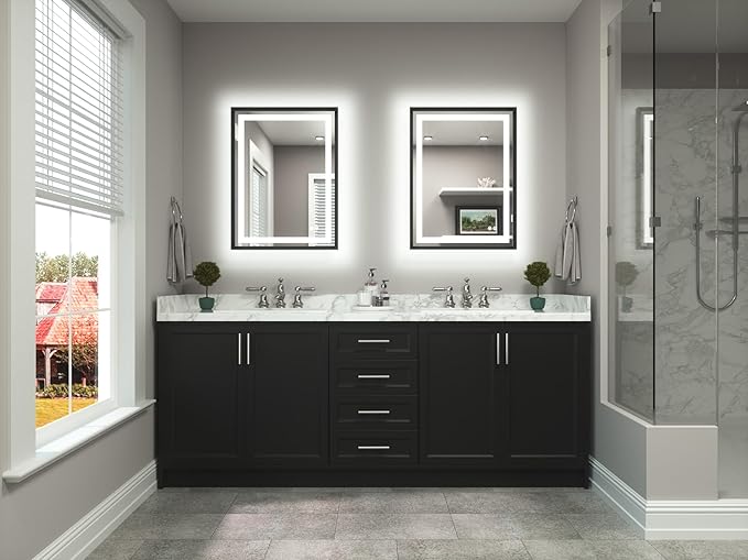 TETOTE 24 x 32 Bathroom LED Mirror Brushed Black Metal Frame Frontlit & Backlit Vanity Mirror Anti-Fog Stepless Dimmable 3 Colors White/Warm/Natural Mirror with Lights Wall-Mounted