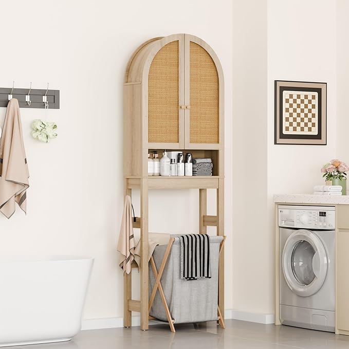 Over The Toilet Storage Cabinet, 23.7”W Modern Storage Cabinet Over Toilet with Rattan Doors, Arched Freestanding Over Toilet Rack with Adjustable Shelf for Bathroom, Nature