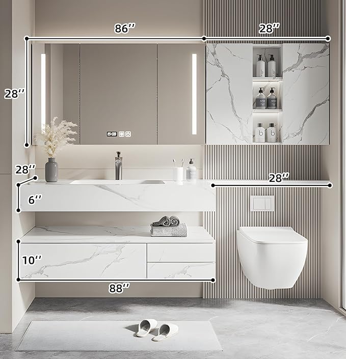 Floating Bathroom Vanity with Sink, Solid Wood Bathroom Vanity Set, Smart Defogging Mirror & Induction Side Cabinet & Large Storage - Elegant Bathroom Vanities (White,88IN)