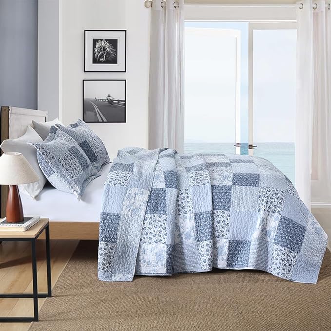 ENASAL Cotton Bedspread Quilt Bedding Sets Reversible Coverlet Sets Comforters Rustic Floral White Blue Patchwork Pattern Bedspread for All Season, Queen Size