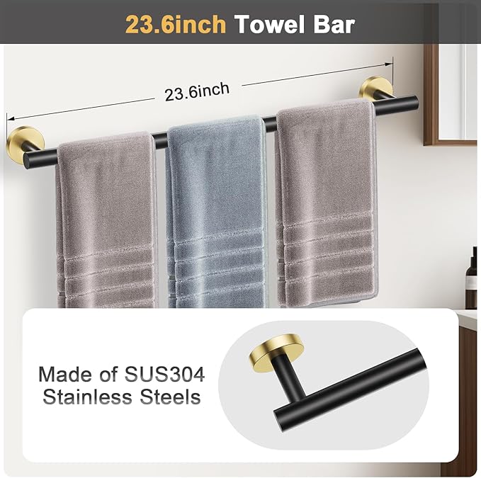Black and Gold Bathroom Hardware Set, 5 Pieces Towel Bar Bathroom Accessories, Upgraded Toilet Paper Holder with Shelf Set, 23.6 Inch Towel Rack Towel Holder for Bathroom Wall