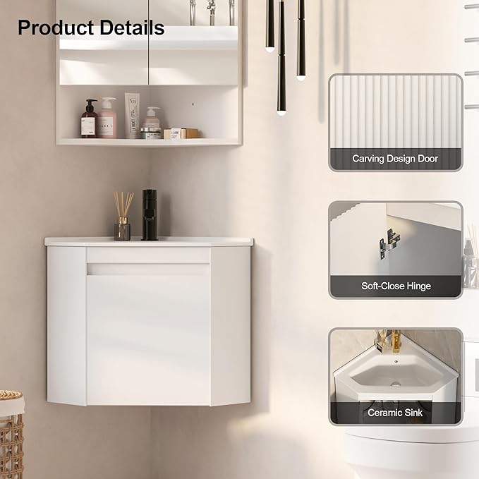 Corner Bathroom Vanity Sink Cabinet 24", Wall Mount Floating for Small Bathroom, White Ceramic Top (Faucet Not Included) (Flat Panel)