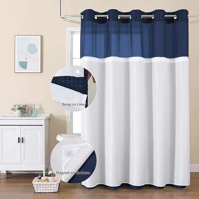Colorful Star No Hook Shower Curtain with Snap in Fabric Liner, Waffle Weave Heavy Duty Thick Shower Curtains with Mesh Top Window, Hotel Style Waterproof Bathroom Curtain Set, 72 x 87 Inch, Navy Blue