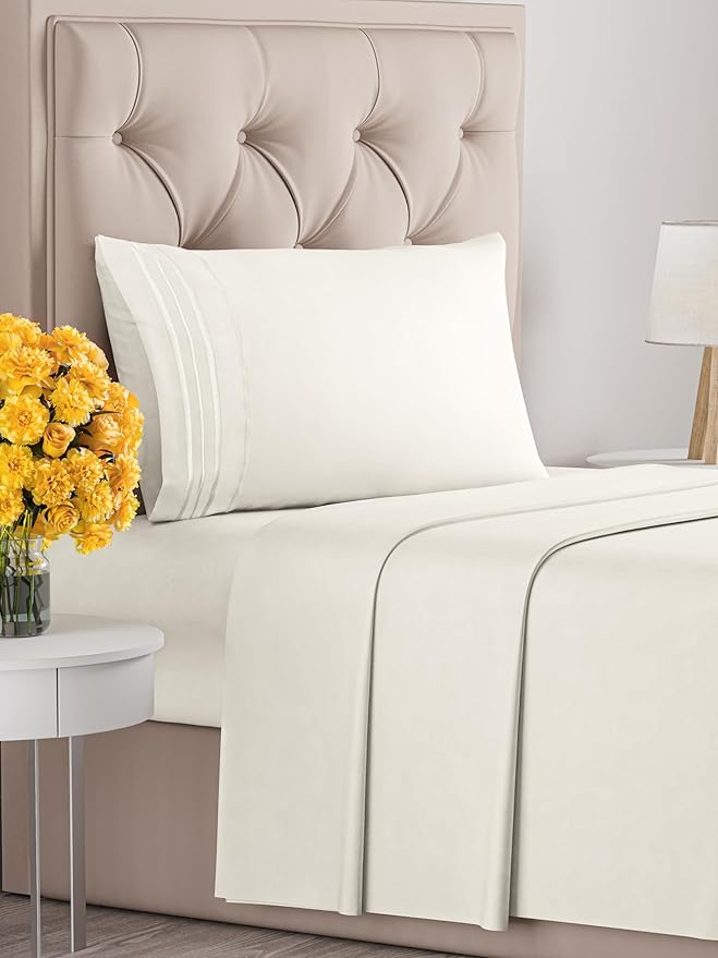 Twin XL Size 3 Piece Sheet Set - Extra Soft, Breathable & Cooling Sheets - Hotel Luxury Durable Bed Sheets for Women & Men - Deep Pockets, Easy-Fit & Wrinkle-Free Sheets - Ivory Oeko-Tex Bed Sheet Set