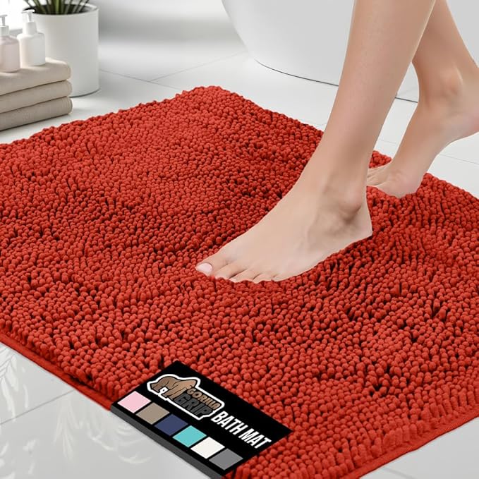 GORILLA GRIP Bath Rug Mat, Soft Absorbent Chenille, Quick Dry Microfiber Mats, Rubber Backing Washable Shower Floor Rugs, Bathmat Runner, US Designed Bathroom Home Accessories 24x17, Sunset Orange