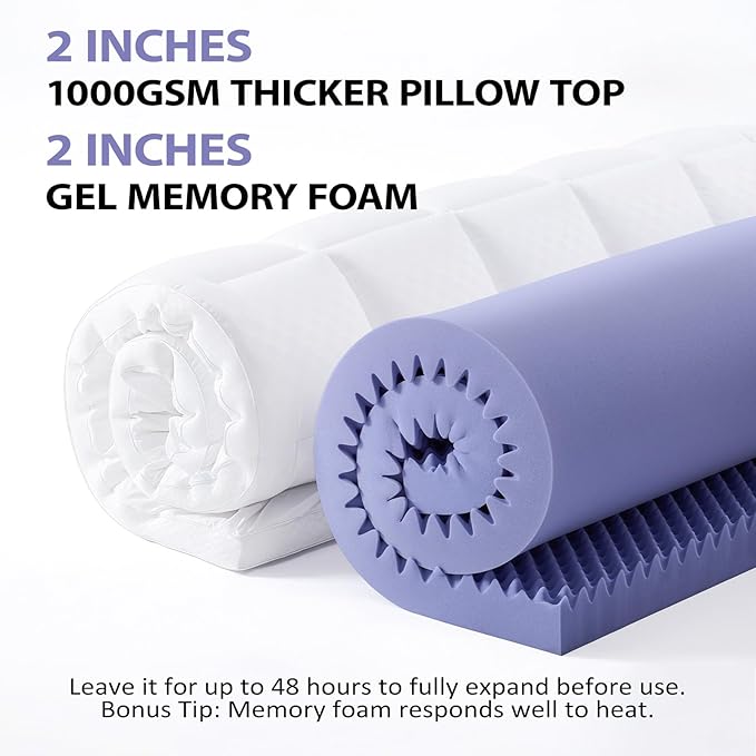 downluxe 4 Inch Queen Memory Foam Mattress Topper Pro Dual Layer 2 Inch Cooling Gel Egg Crate Memory Foam Plus 2 Inch Pillow Top Medium Firm with Deep Pocket