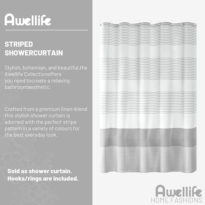 Awellife Boho Gray Shower Curtain for Bathroom Stripe Shower Curtain 72 X 72 Inches Farmhouse Cotton Grey