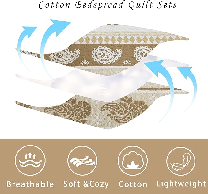 Bedding Set, King Size Quilt, Cotton Bedding Comforter Sets, Brown Taupe Striped Pattern Bed Set, Lightweight Reversible Bedspreads, Machine Washable Coverlet Neutral 3 Pieces