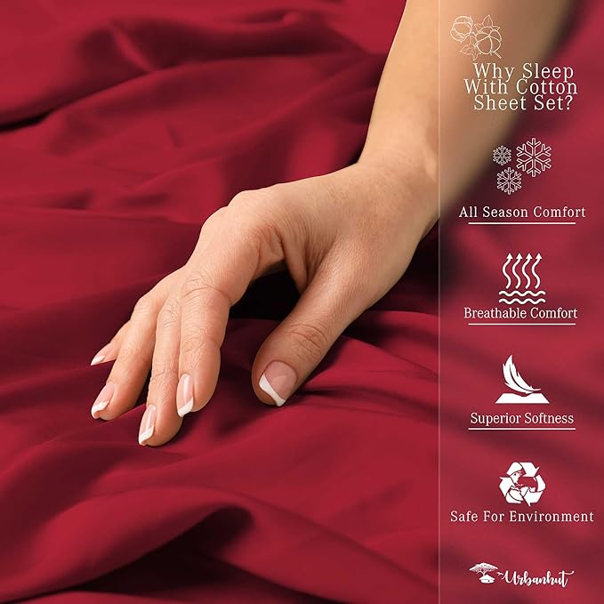 URBANHUT 700 Thread Count Egyptian Cotton Twin Sheets, 4Pc Sheet Set Soft Luxury Bed Sheets for Twin Size Bed, Sateen Weave Hotel Sheets, 14'' Elasticized Deep Pocket - Burgundy