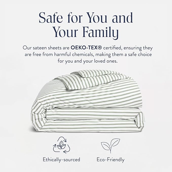 Brooklinen Luxury Sateen Duvet Cover - 100% Cotton, King/California King Size in Green Tandem Stripe with Extra-Long Corner Ties and Button Closure - Best King/Cali King Duvet Covers
