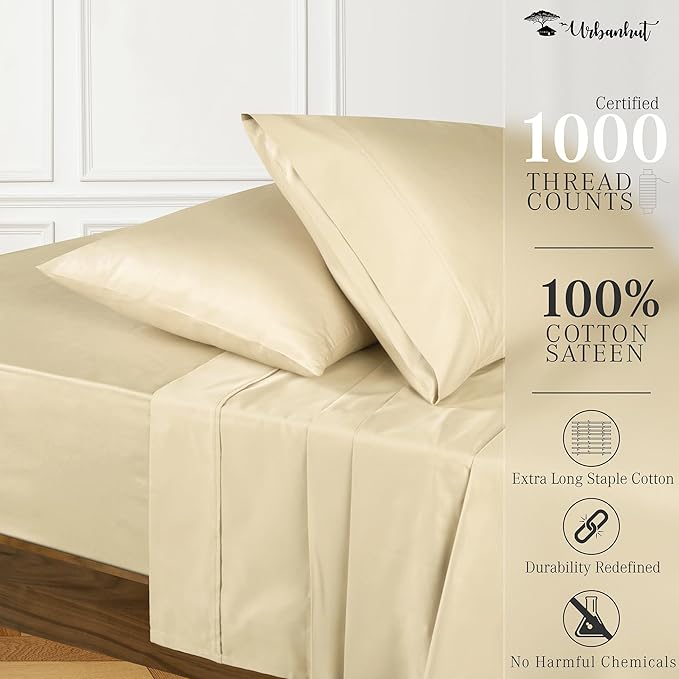 URBANHUT 1000 Thread Count Full Size Egyptian Cotton Sheets, Long Staple Soft & Breathable, 4 Pc Bed Sheet Sets, Luxury Hotel Sateen Sheets Fits 16" Deep Pocket - Sand