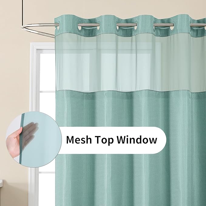 Colorful Star No Hook Shower Curtain with Snap in Fabric Liner, Waffle Weave Heavy Duty Thick Shower Curtains with Mesh Top Window, Hotel Style Waterproof Bathroom Curtain Set, 72 x 75 Inch, Teal