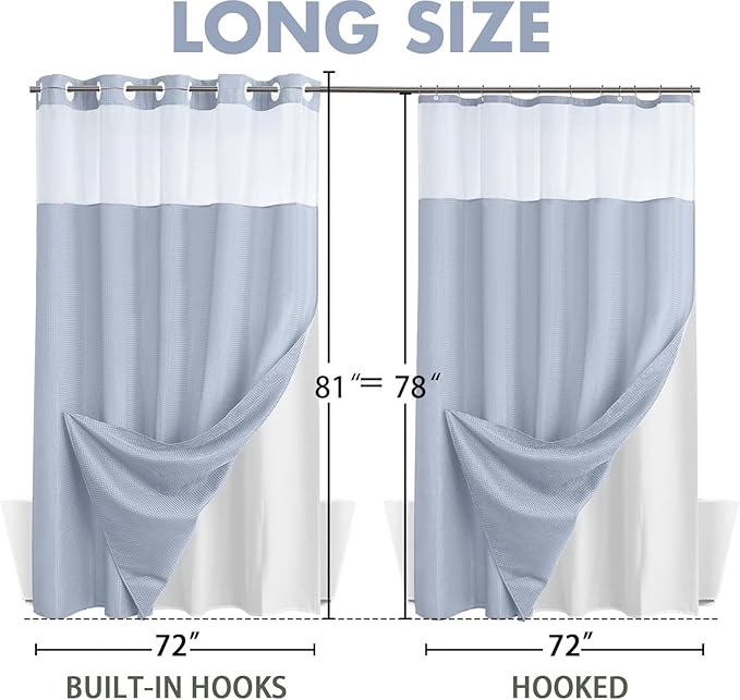 YellyHommy No Hook Shower Curtain with Snap in Liner Set Less Time Waffle Shower Curtain for Bathroom (Mist Blue, 81" L x 72" W)