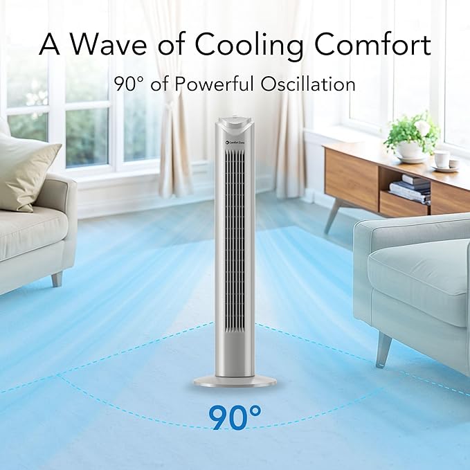Comfort Zone Tower Fan for Bedroom, 32 inch, 3 Speeds, 90 Oscillation, Bladeless Indoor Fan, Built in Carry Handle, Portable Stand Fan, Gray