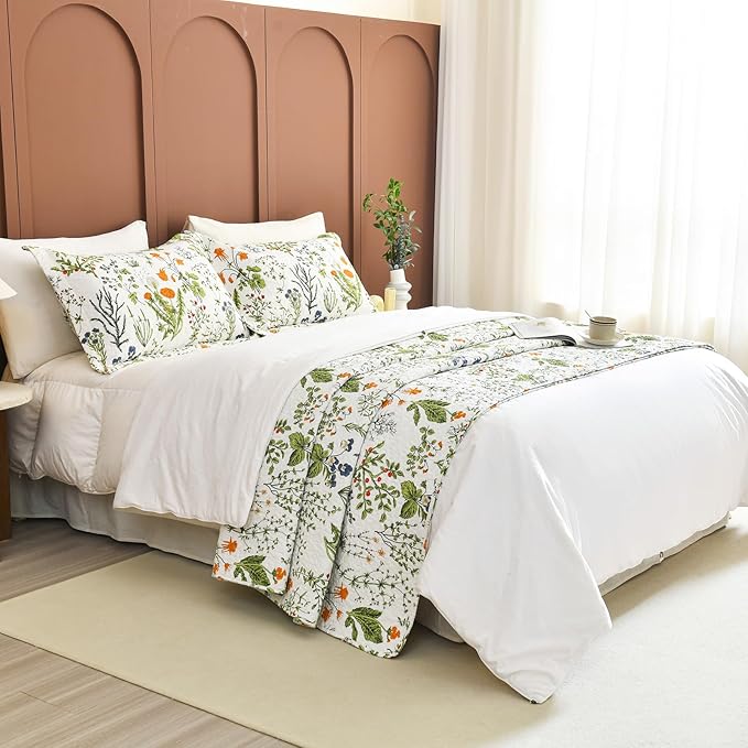 Lady Ann Oversized King Bedspreads 128x120,100% Cotton Floral Quilt Coverlet California King Size Extra Large Yellow Flowers & Leaves Pattern Plant Botanical Printed Lightweight Bedding Set, 3Pcs