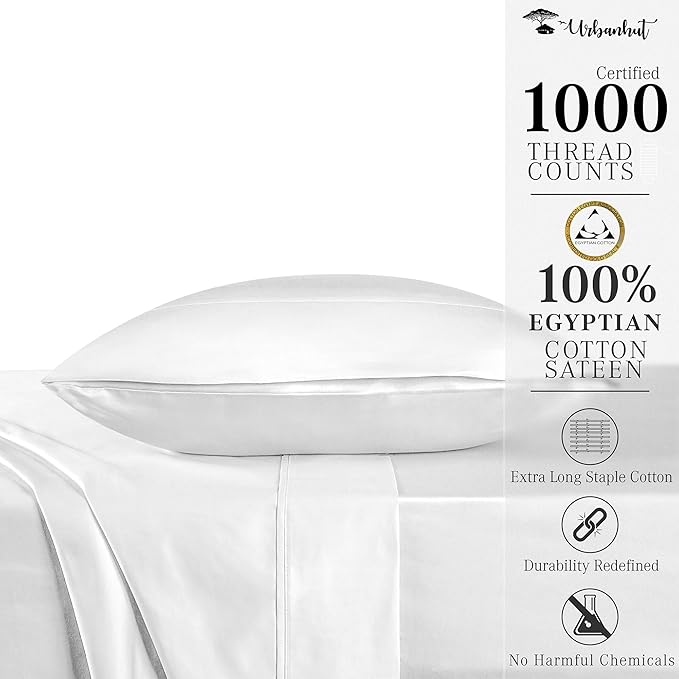 URBANHUT 100% Egyptian Cotton Sheets - 1000 Thread Count Twin White Sheet Set (3Pc), Long Staple Cotton Sheets, All Season Sateen Weave, Luxury Hotel Twin Bedsheets,16" Deep Pocket