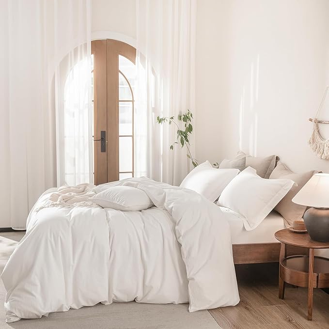 Off White Duvet Cover Oversize Queen Size 100% Washed Cotton Bedding Set Cover 1 Duvet Cover Zipper Closure and 2 Pillowcases, 98inch x 98inch